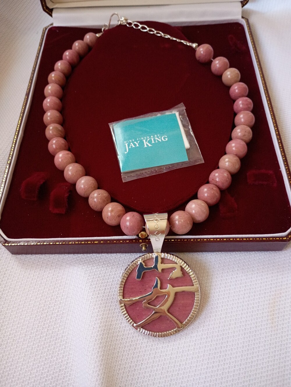 Reversible Jay King Pink Rhodochrosite Bead Necklace Pendant Asian Peace 925 NIB